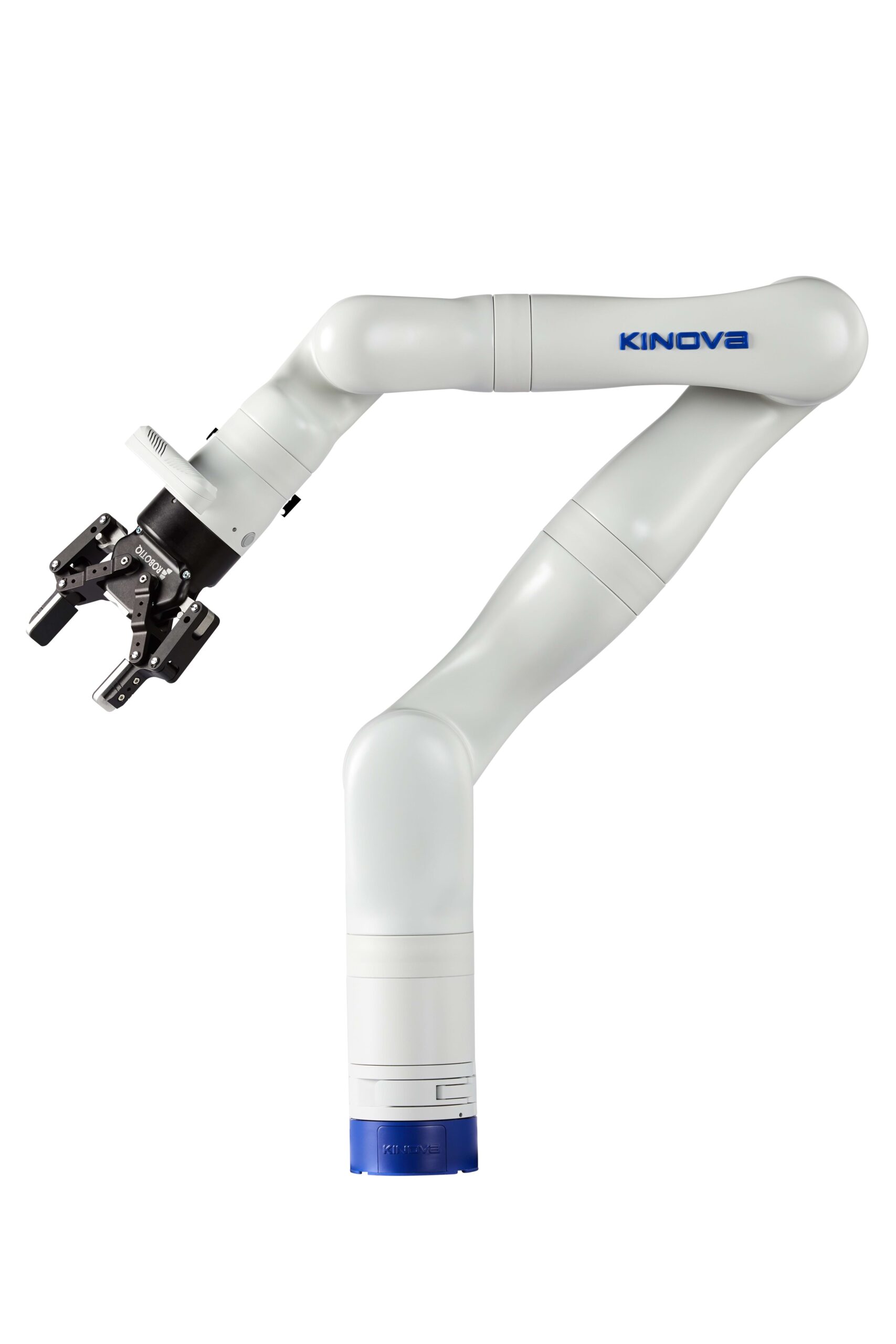White robotic arm with black gripper. On the side of the robot it says Kinova.