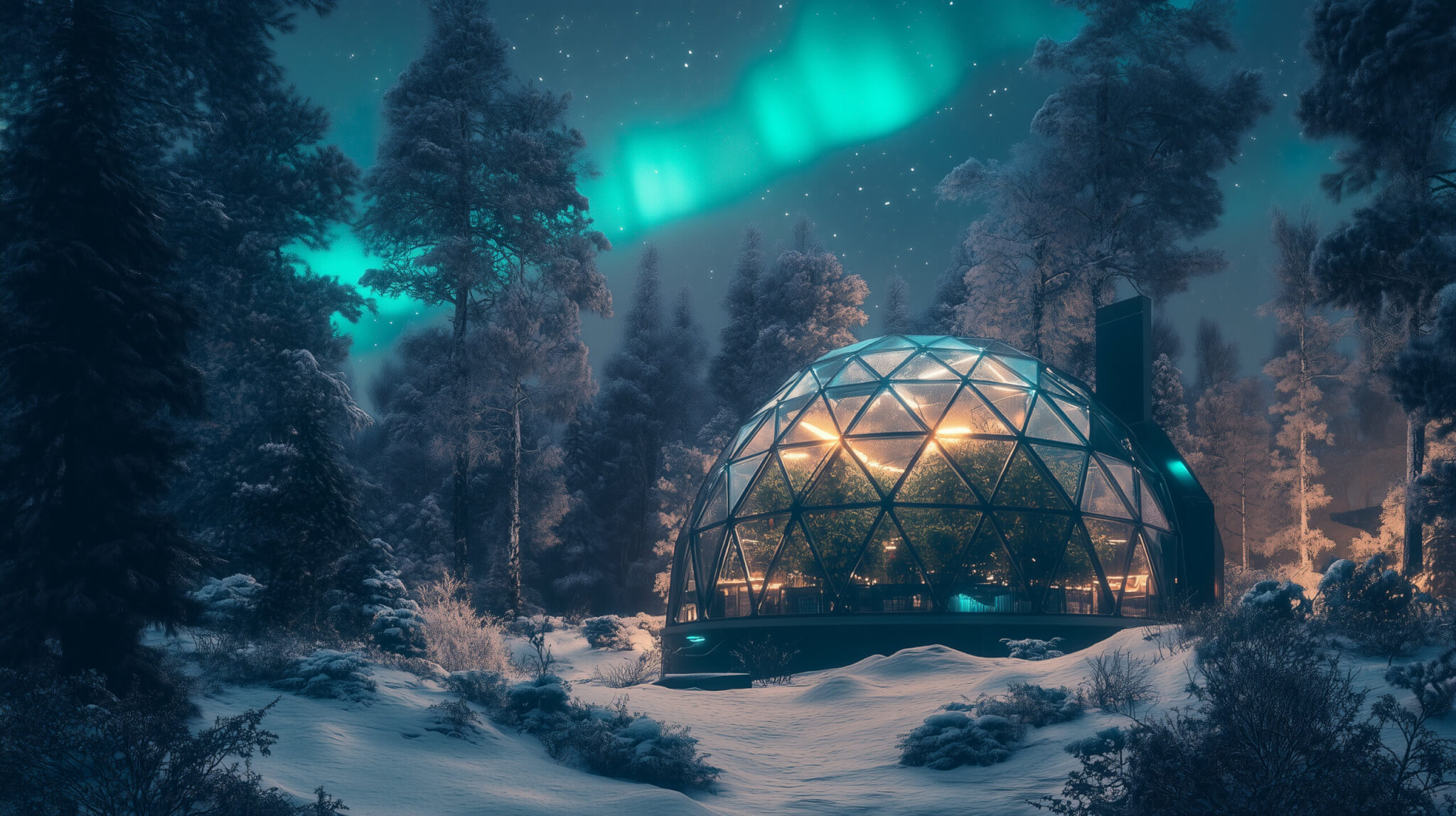 AI-picture of a greenhouse in a snowy forest. Northern lights in the sky. Agrarsense.