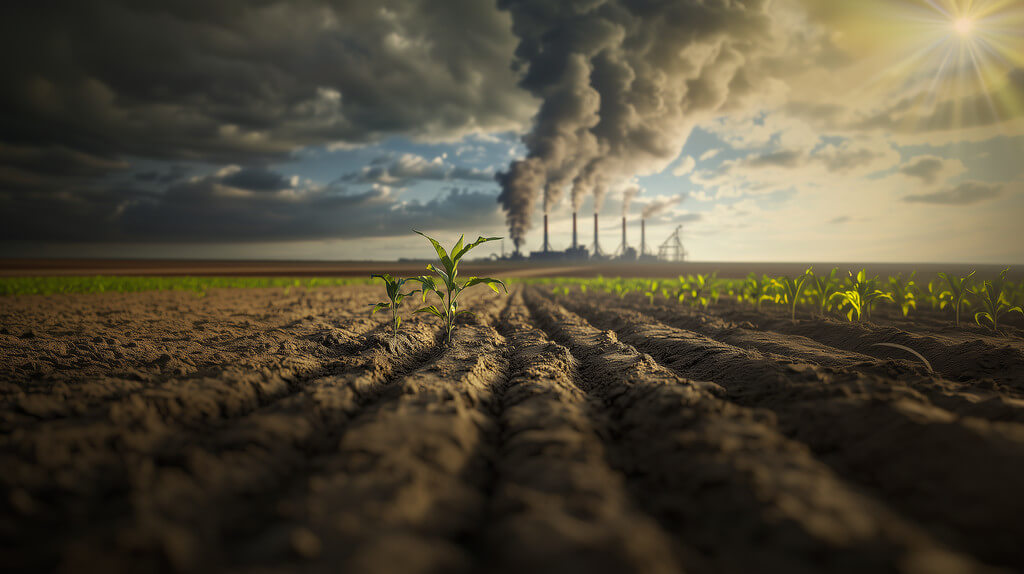 Ai-picture of a field that has some green plant growing. Factory in the baground. Agrarsense.