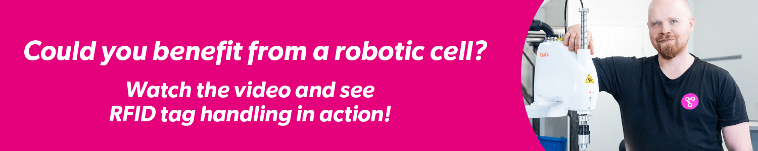 A promotional banner with a pink background and a small image of a man standing next to a SCARA robot, smiling, while holding its arm.