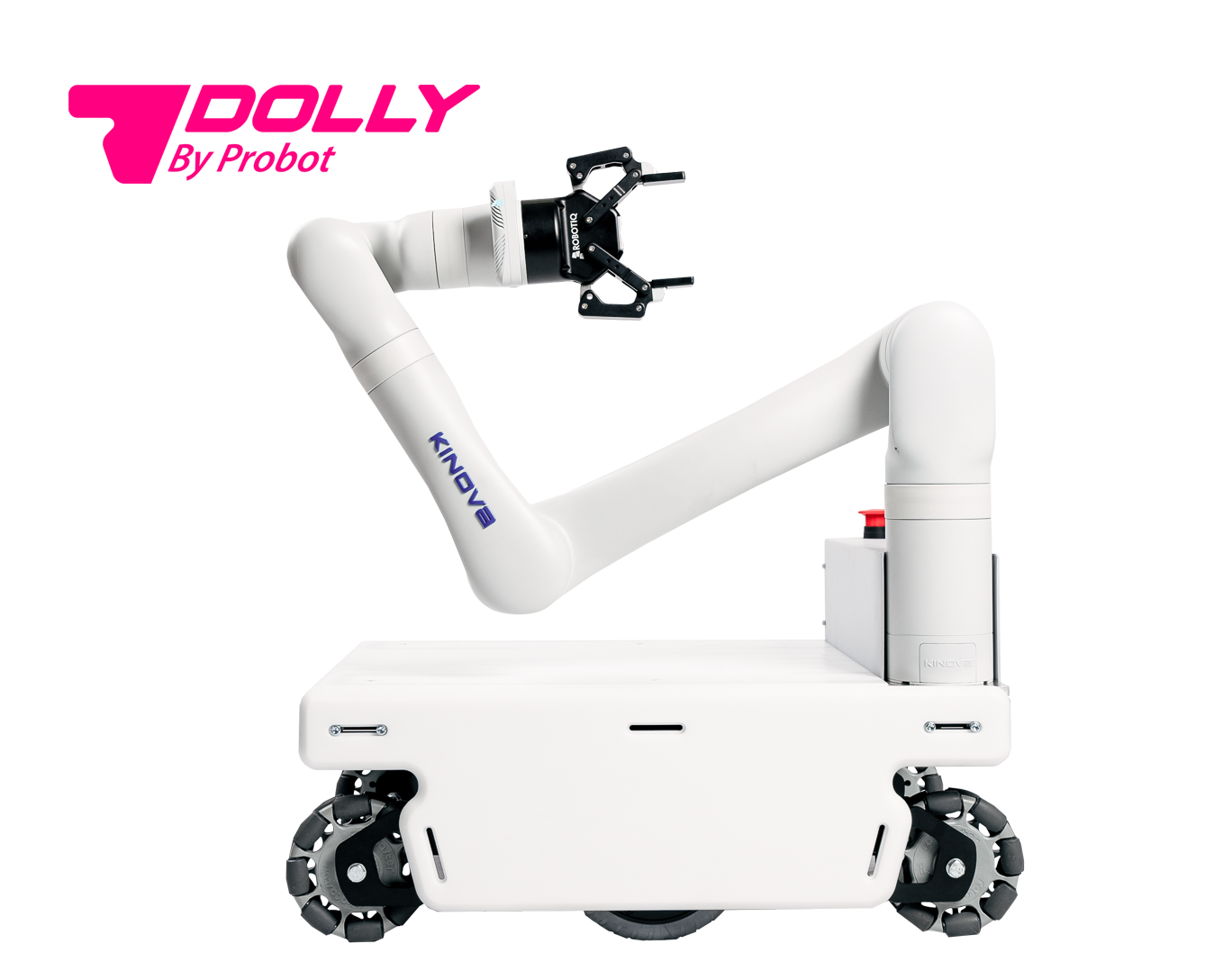 A white mobile robot on wheels with a white robotic arm and a black gripper.