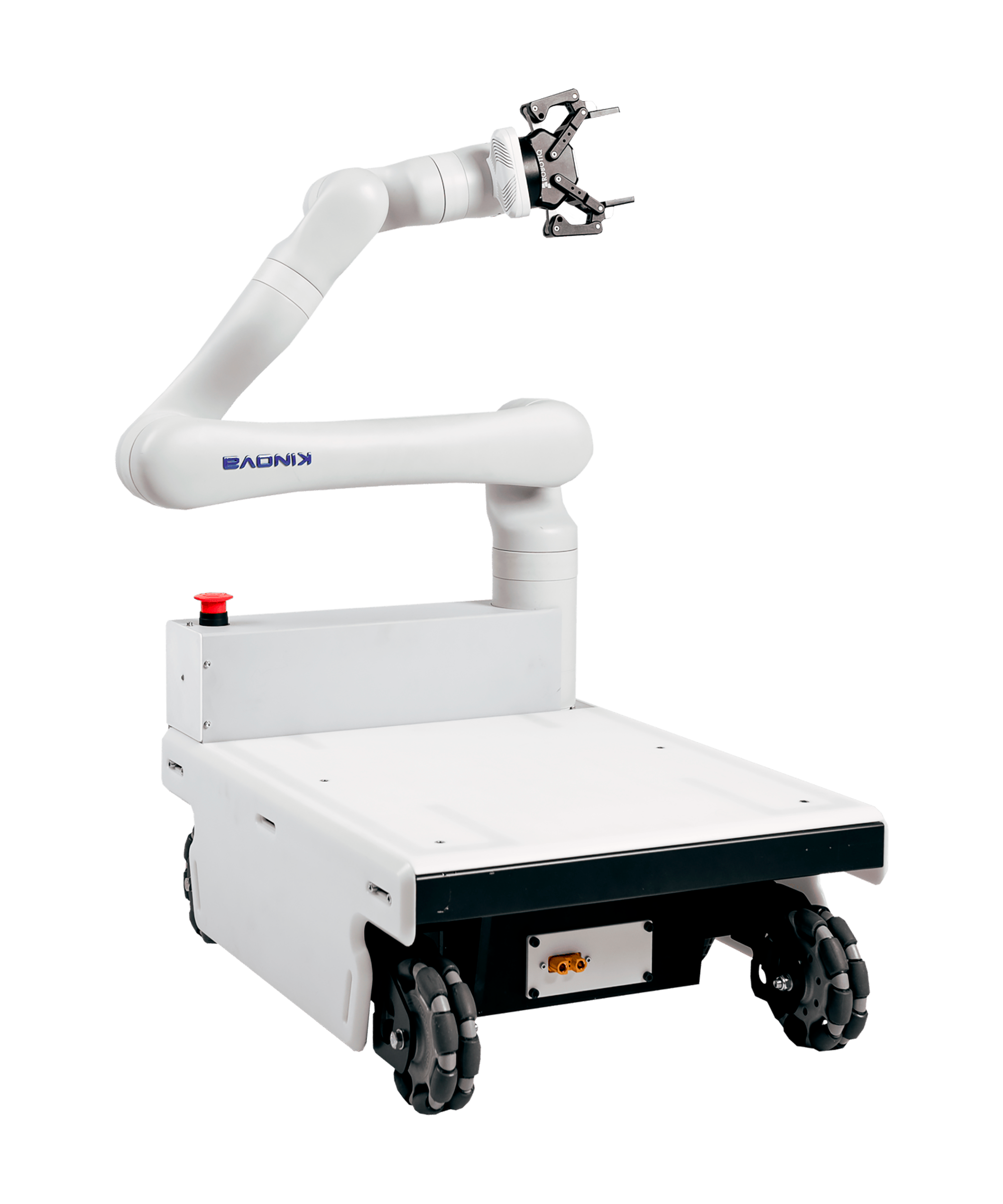 A white mobile robot on wheels with a white robotic arm and a black gripper.