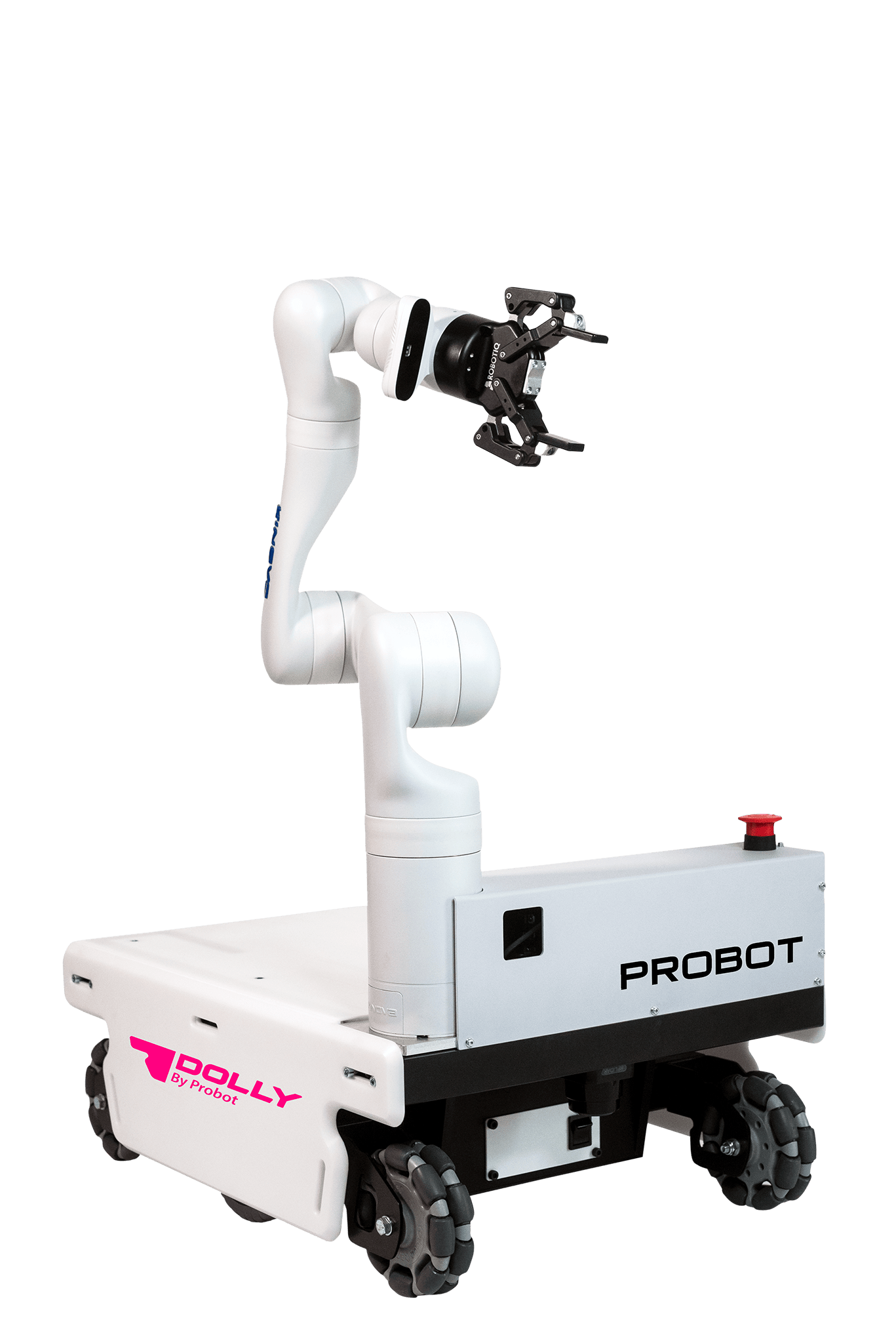 A white mobile robot with a robotic arm. The robot is marked Probot Oy and Dolly by Probot.