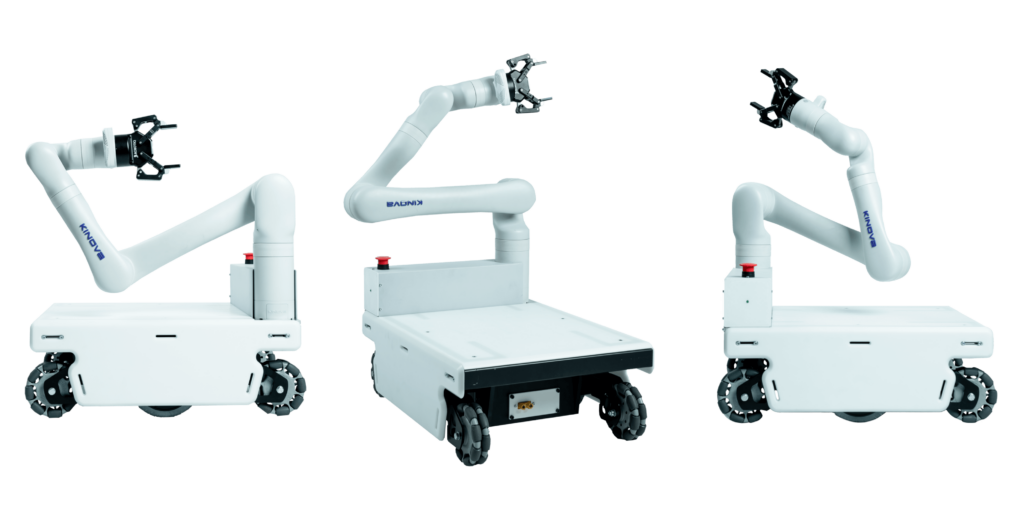Dolly the mobile robot, pictured from three different angles.