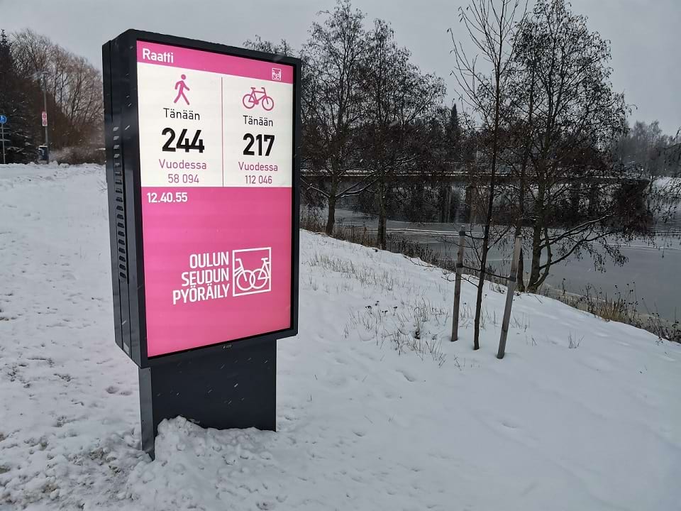 A digital information board along a cycle path, counting cyclists and walkers.