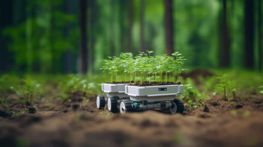 A small mobile robot is transporting seedlings from the nursery through the forest in a photo presented at the forest seedling nursery days.