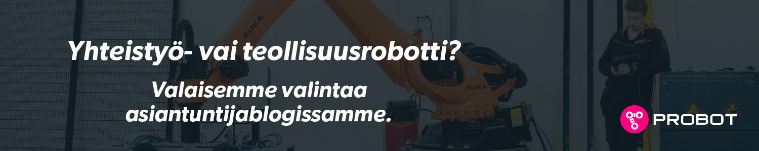 Mainosbanneri blogiteksille " Yhteistyörobotti vai teollisuusrobotti?"