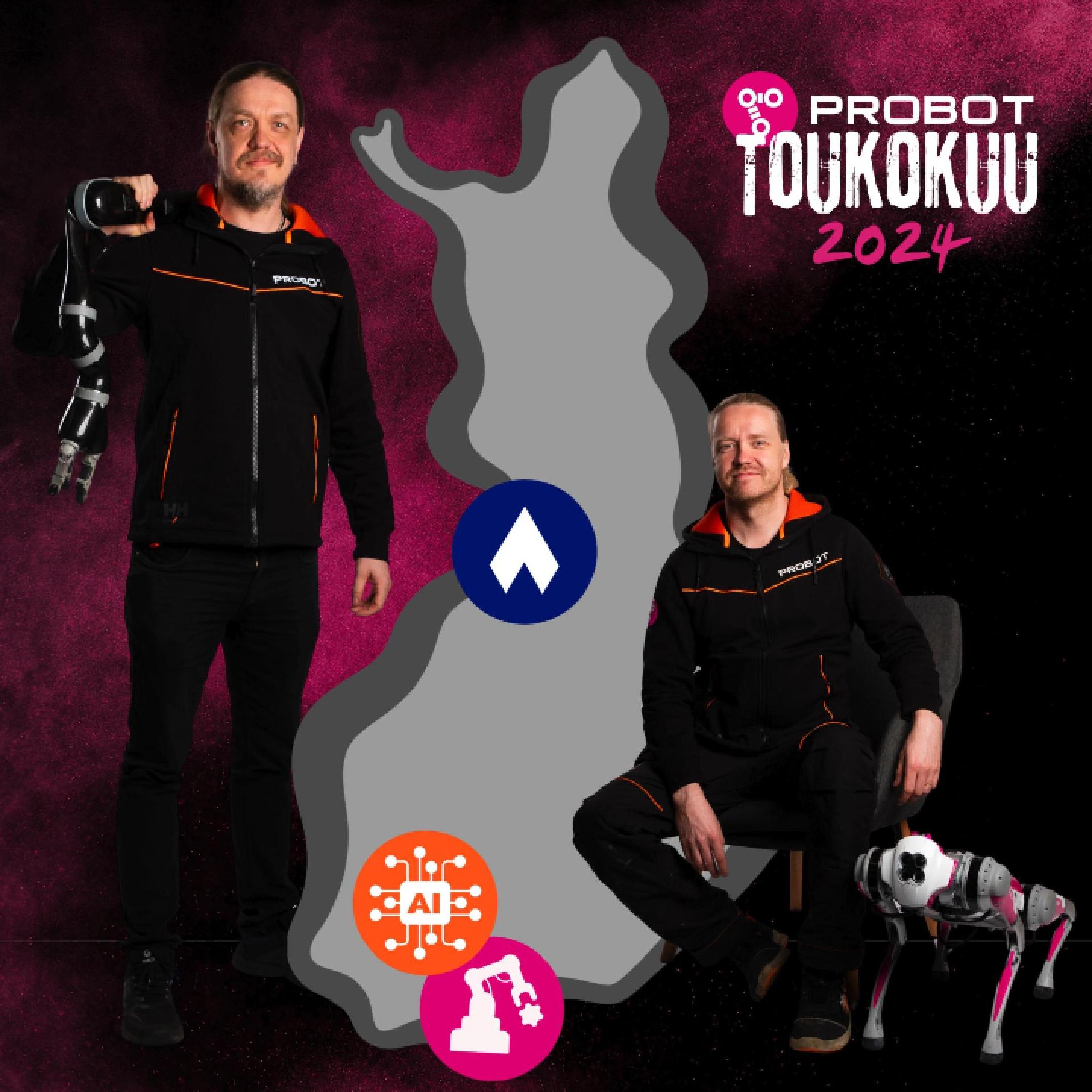 Black and pink background pattern and grey map of Finland. In front of the map is a man holding a robot arm and another man sitting in a chair next to the robot dog.