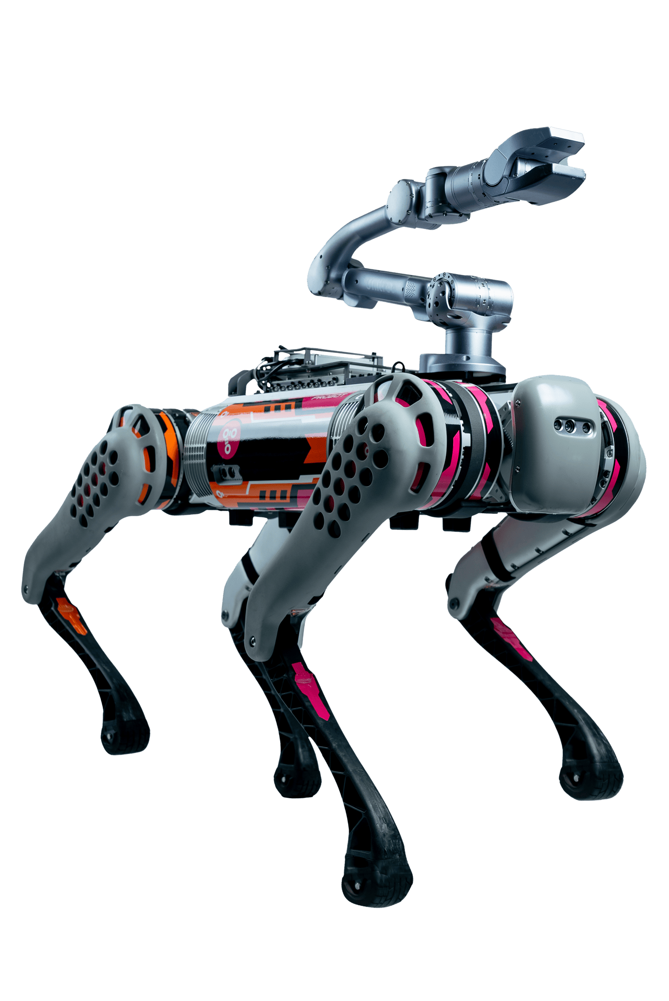 A large robot dog with a robot arm attached.