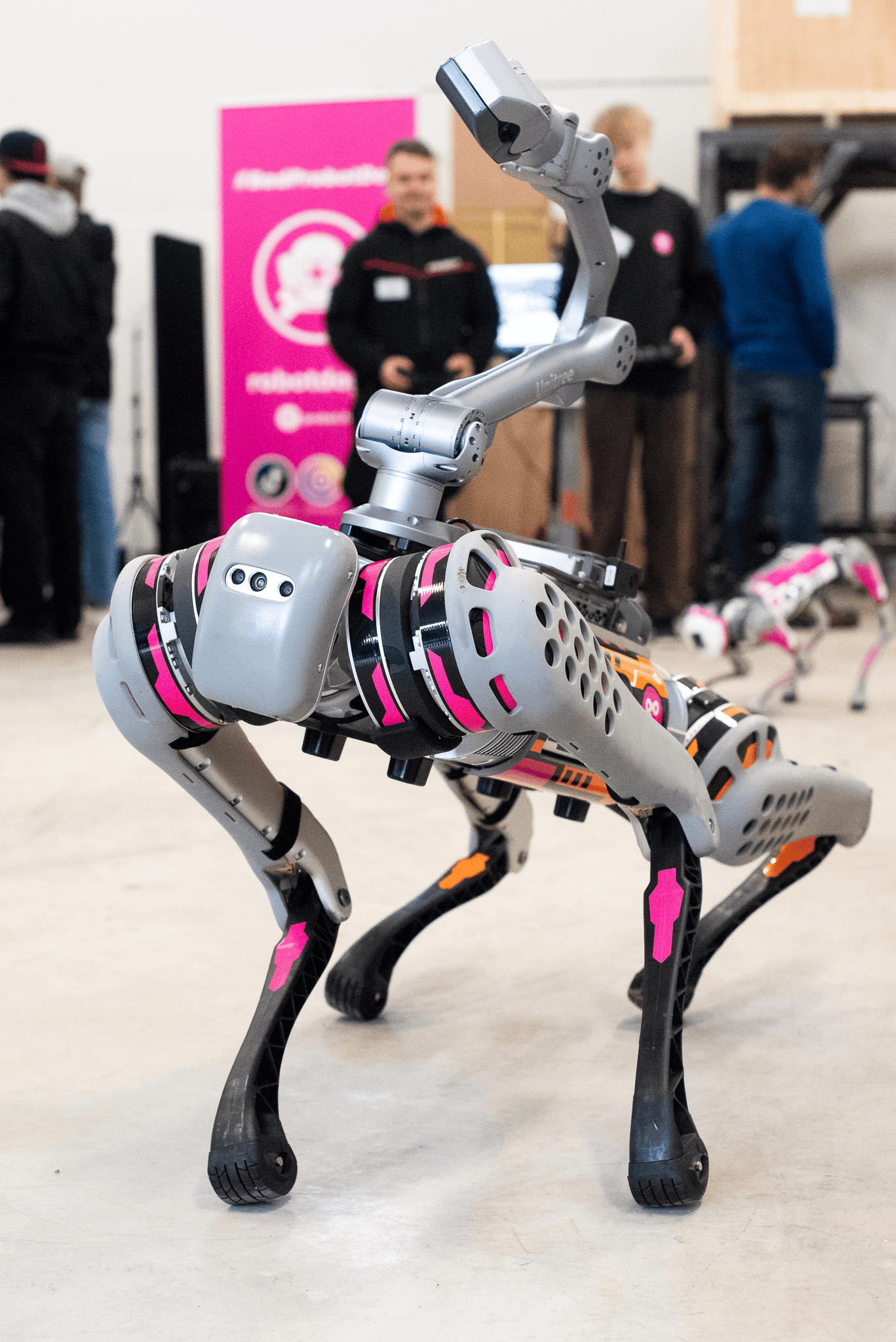 A large robot dog with an robot arm looks directly at the camera. A small robot dog in the background.