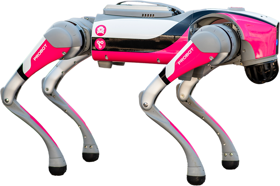 A robot dog with pink Probot stickers.