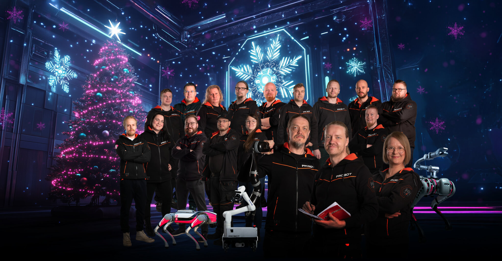 Probot team in a group photo with Christmas ambiance. Blue snowflakes and a pink Christmas tree decorate the winter landscape in the background. In the front, team members wearing black Probot workwear along with two robots: a Unitree robotic dog and a Dolly mobile robot.