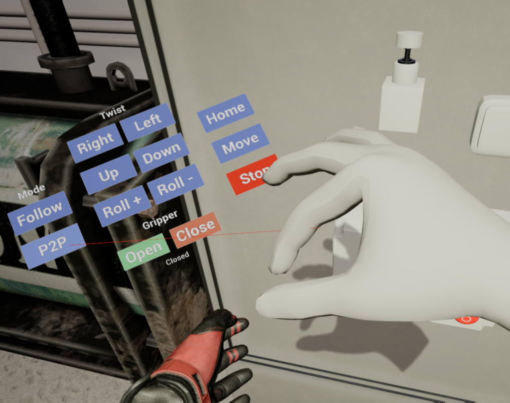A picture from virtual reality where a hand selects buttons from a menu.