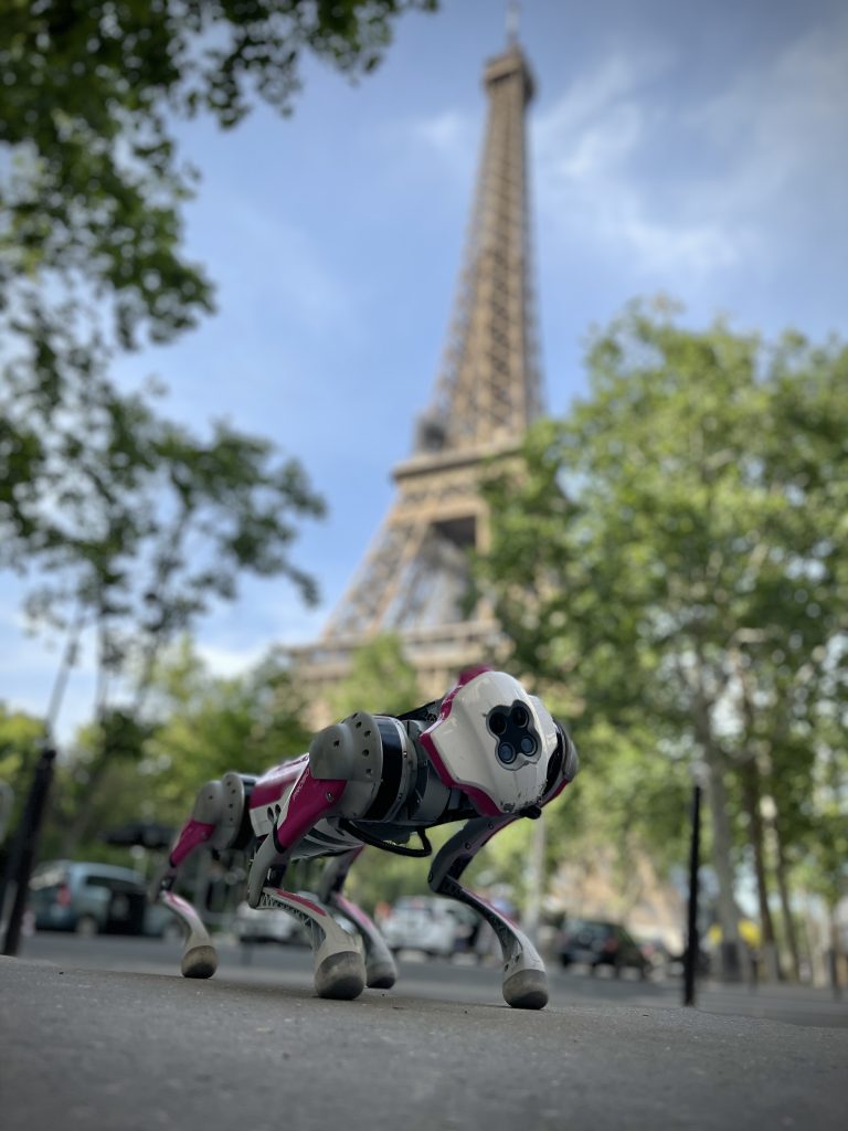 The robot dog is standing on the street in front of the Eiffel tower.