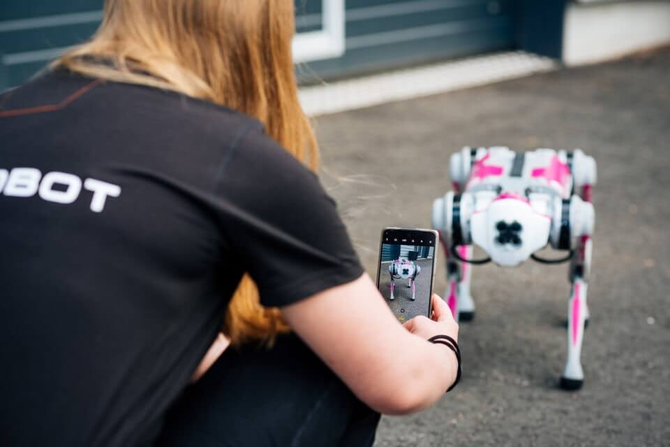 Employee films a robot dog outdoors with her phone.