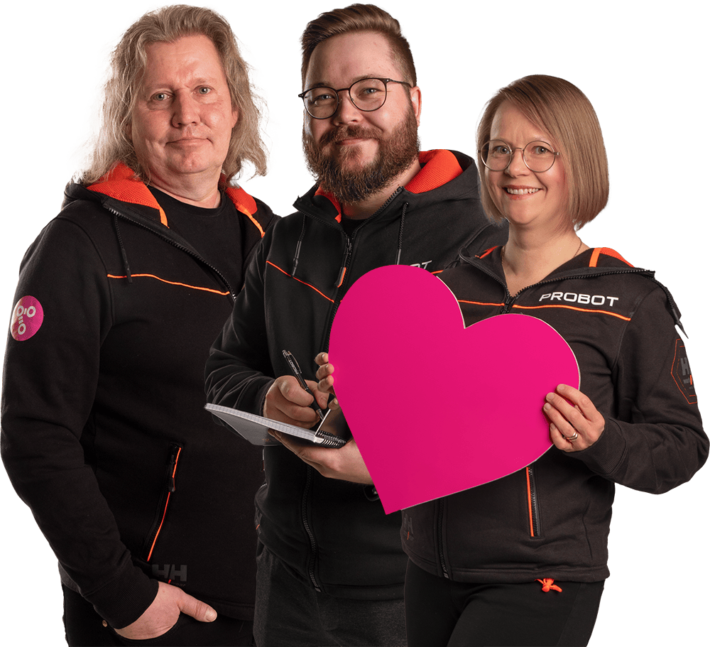 A woman and two men wearing black Probot hoodies. The woman has a big pink heart in her hands.