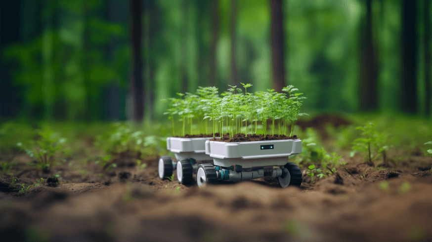 Metsätaimitarhapäivillä esitetyssä havainnekuvassa pieni mobiilirobotti kuljettaa metsätaimitarhalta tuomiaan taimia metsässä.