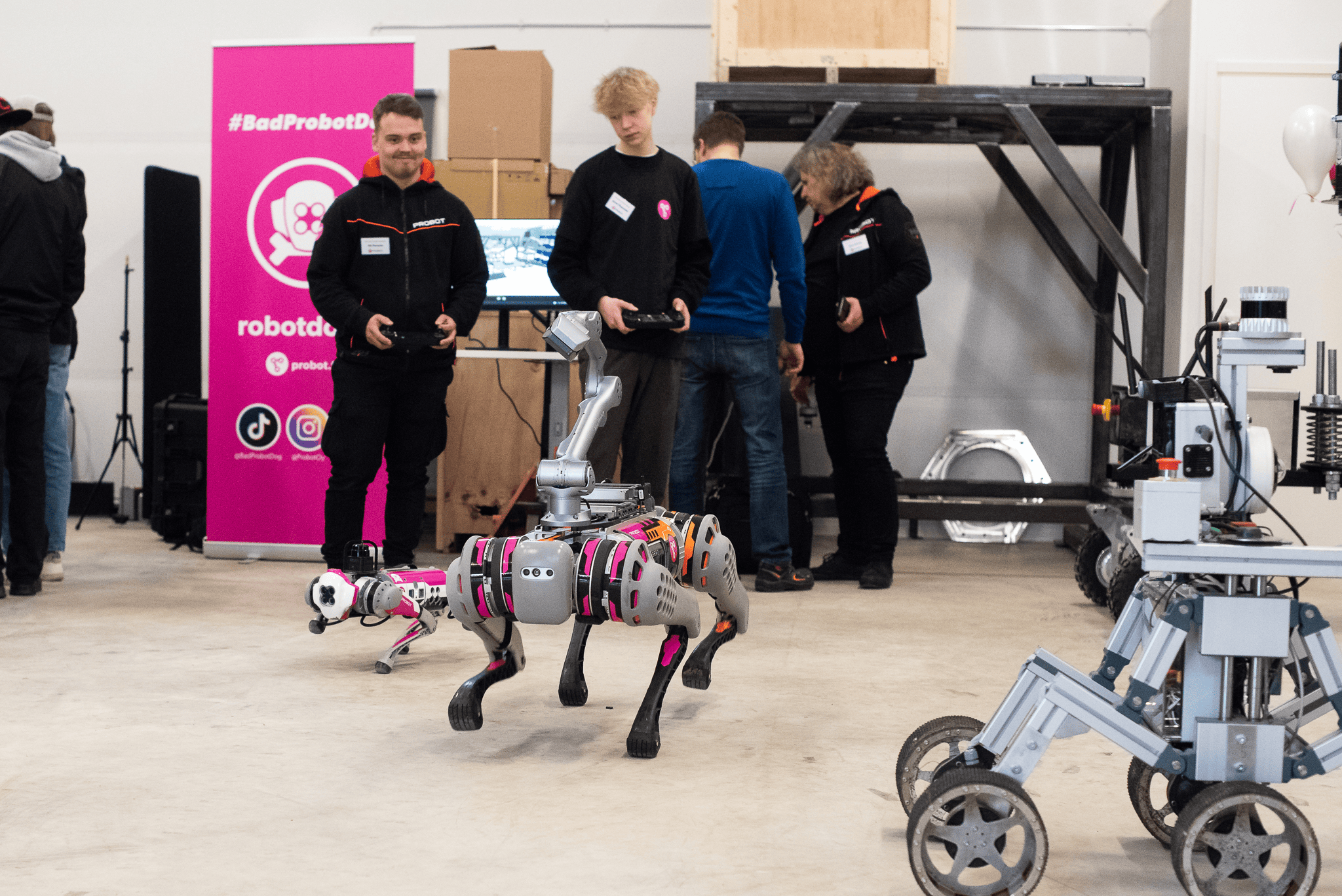 Iso ja pieni robottikoira juoksevat kohti kameraa. Taustalla kaksi miestä, joilla kädessä robottiikoirien ohjaimet sekä pinkki roll up, jossa lukee #badprobotdog.