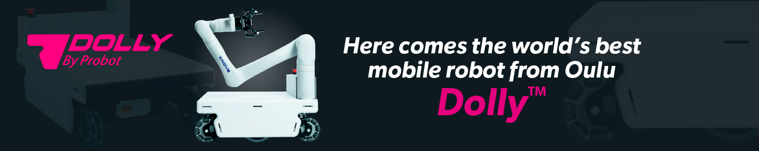 A white mobile robot and a logo called Dolly.